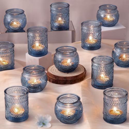 DARJEN 24Pcs Blue Votive Candle Holders - Glass Candle Holder for Party Decoration, Tea Lights Candle Holder for Wedding Shower & Gift by DARJEN