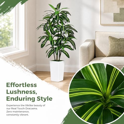 6FT Artificial Dracaena Tree with 15.7-inch White Planter, Fake Tree with Lifelike Leaves Indoor for Home Decor Office Living Room - Image 6