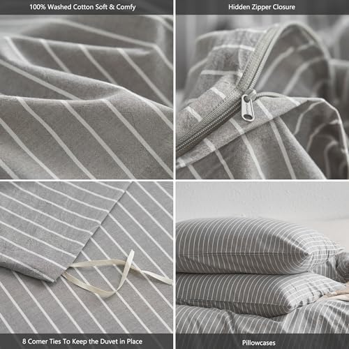 MooMee Striped Duvet Cover Set 100% Washed Cotton Linen Like Alaska King - Image 6