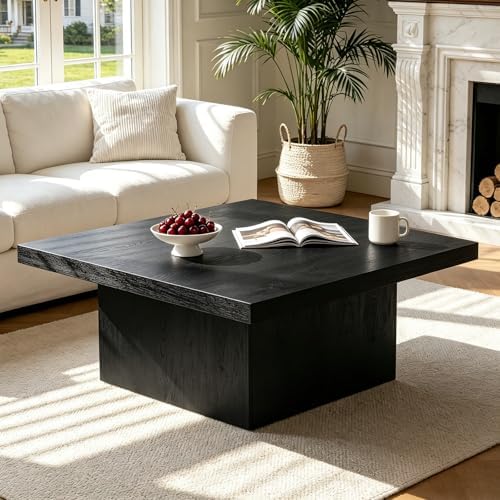 Square Coffee Table,Wooden Living Room Table,Center Table with a Large Tabletop,35.4" x 35.4",for Small Spaces, Apartments, Living Rooms, Black by MILEFA
