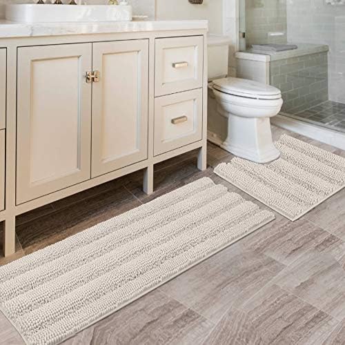 H.VERSAILTEX Bathroom Rugs Bath Rug Set 2 Piece Bathroom Contour Rug Toilet Mat Sets Non Slip Contour Bath Rug Ultra Thick Water Absorbent Striped Bath Mats Washable(47" x 17" Plus 20" x 20" U, Ivory) by HVERSAILTEX