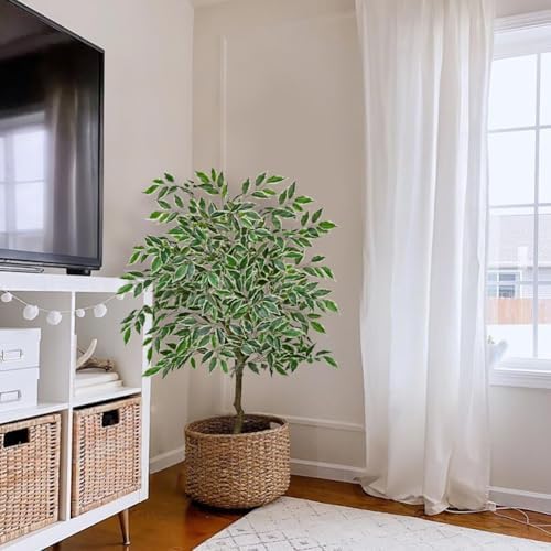 4Ft Ficus Tree Artificial Plants Indoor with Realistic Trunk, Tall Fake Potted Tree Faux Floor Plant, Artificial Tree in Pot for Home Living Room Office Bedroom Corner Decor(Green White) - Image 3