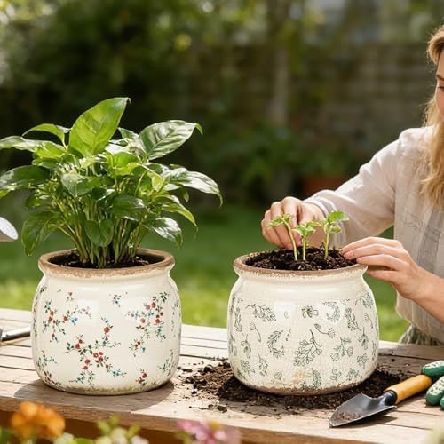 Sungmor 2 Pack Farmhouse Ceramic Planters, Tuscan Decor, Leaf & Floral - Image 3