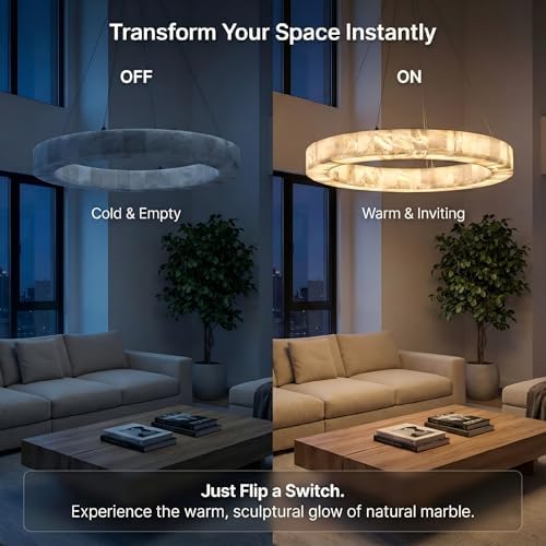 Alabaster Chandelier Spanish Natural Marble Round D30in Chandeliers, Modern Living Room Chandelier, Stone Pendant Light Fixture, Dimmable Chandeliers for Dining, Entryway, Foyer, Hallway - Image 6