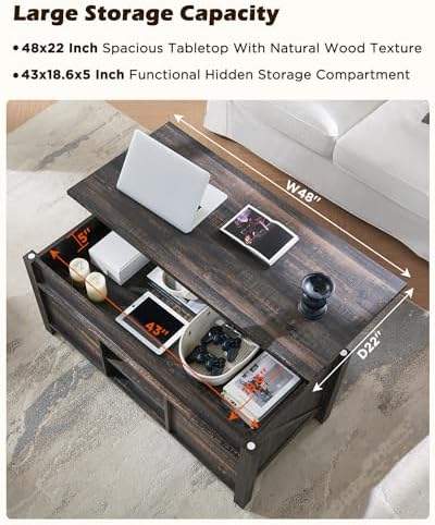 OKD 48" Farmhouse Lift Top Coffee Table, Sliding Barn Door, Dark Rustic Oak - Image 4