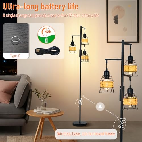 Rattan Boho Rechargeable Cordless Floor Lamp with Remote Dimmable 3 Bulb Edison E26 Brown Warm Light Vintage Standing Lamp for Bedroom,Outdoor,Living Room Rustic,Patio,Farmhouse,60.6" Black - Image 4