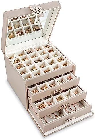 Glenor Co Earring Organizer Holder - 75 Small & 4 Large Slots Classic Jewelry Box with Drawer & Modern Closure, Mirror, 4 Trays Earrings, Ring or Chain Storage - PU Leather Case - Sand by GlenorCo