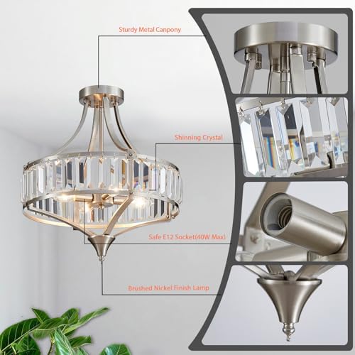 Brushed Nickel 4-Light Crystal Semi Flush Mount Ceiling Light Fixture Rustic Farmhouse Ceiling Lighting with Round Metal Shade Chandelier for Dining Room, Hallway, Bedroom, Foyer - Image 5
