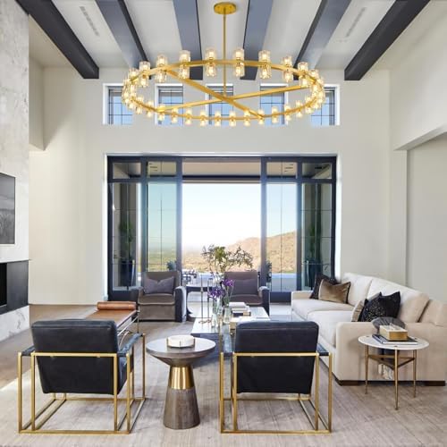 Modern 60 inch Gold Round Chandelier, Extra Large Chandeliers Crystal Chandeliers for Living Room, Large Wagon Wheel Chandelier for Foyer, Staircase, Entrance,Includes Bulb - Image 6