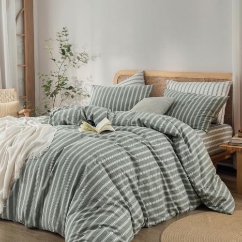 BESTOUCH Striped Cotton Duvet Cover Set Linen Feel Oversized Queen - Image 6