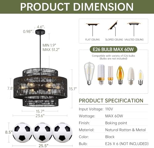 24" Black Rattan Chandelier for Dining Room, Boho Pendant Light - Image 5