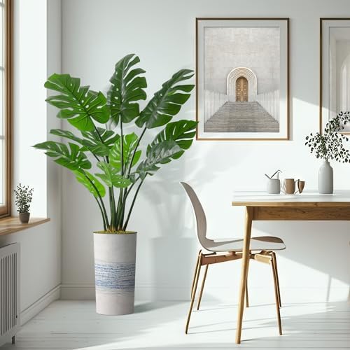 Artificial Tree in Blue Gray Industrial Line Pattern Planter, Fake Monstera Silk Tree for Indoor and Outdoor Home Decoration - 65" Overall Tall (Plant Pot Plus Tree) - Image 6