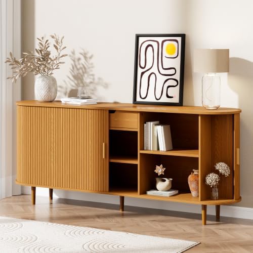 71" Sideboard Buffet Cabinet with Storage,Large Credenza with Sliding Doors and1 Drawer,Mid Century Modern Coffee Bar Cabinet with Adjustable Shelves for Dining Room,Kitchen,Living Room(Yellow Walnut) by DHHFurnitureBuyNow