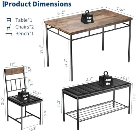 GarveeHome Dining Table Set, Dining Table for 4 with Bench, Kitchen Table, Space-Saving Ideal 4-Person Set for Dining Room Kitchen Apartment Corner - Image 2