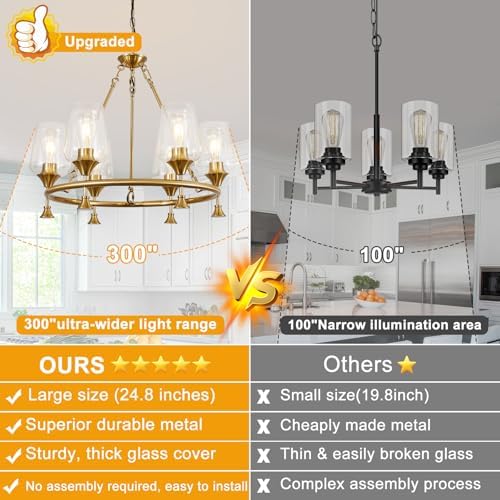 25" Modern Gold Chandelier for Dining Room, No Assembly Required 6-Light Dining Room Light Fixture Over Table, Industrial Hanging Pendant Lights Fixture for Kitchen Island Bedroom Foyer Entryway - Image 2