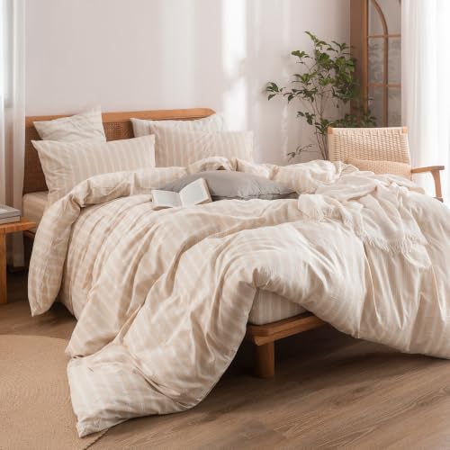 BESTOUCH Striped Cotton Duvet Cover Set Linen Feel Oversized King - Image 5