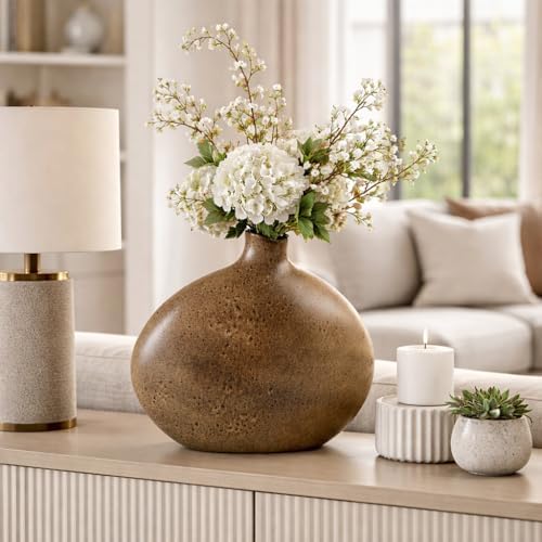 Oval Ceramic Vase for Living Room and Home Decor - Modern Pottery Flower Vase for Tabletop Accent - Sculptural Earthenware Design for Bedroom, Room, House and Office Table Display - 14”, Brown - Image 2