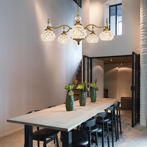 Montex Gold Brass Chandelier, 5 Light Vintage Crystal Glass Pendant Fixture - Image 5