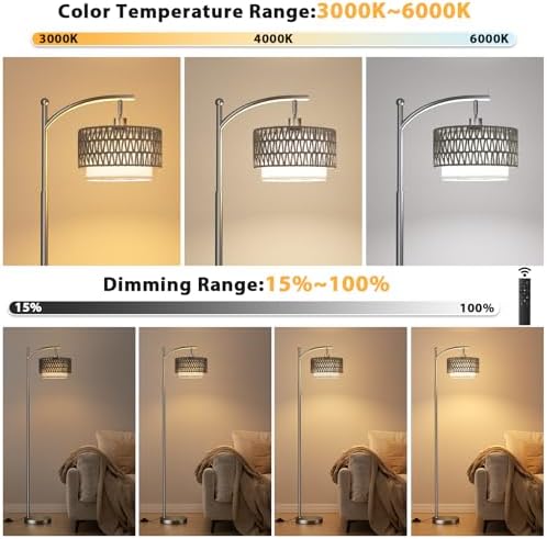 Ambimall Arc Floor Lamp with Remote & Rattan Double Shades, Gray Rustic - Image 2