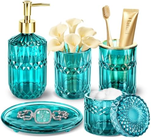 Haturi Teal Bathroom Accessories Set, Glass Bathroom Set and Decor, 5 Pcs by Haturi