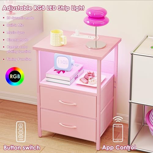Fixwal Night Stand with Charging Station, Led Nightstand, Pink, 2 Drawers - Image 3