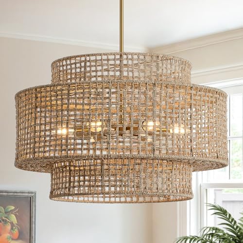 24" Rattan Chandelier for Dining Room, Large Boho Pendant Light by InterMaka