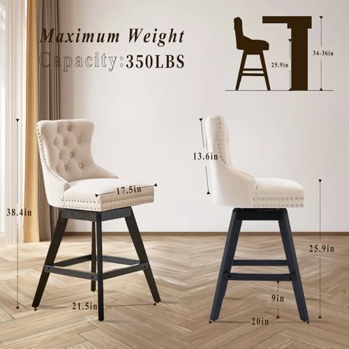 SoarFlash Kitchen Velvet Swivel Bar Stools with Solid Wood Legs Upholstered Counter Stools Set of 4, Beige - Image 2