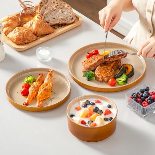 vancasso ONION Ceramic Plates and Bowls Sets, 24 Pieces Brown Dinnerware Sets for Kitchen, Reactive Glaze Dishes Set for 8, Dishwasher and Microwave Safe - Image 5
