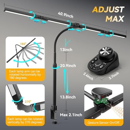Adjustable LED Desk Lamp with Clamp & Remote, Wide 4-Head - Image 3