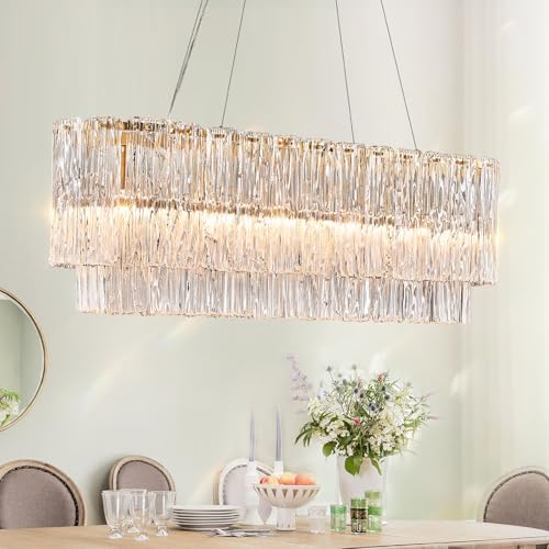 CATINER 35.5" Rectangle Crystal Glass Chandelier 6-Light Gold Chandeliers by CATINER