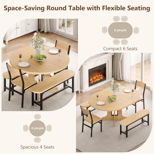 Einhomn 59" Extendable Round Dining Table Set for 4-6, 5-Piece Kitchen & Dining Room Table with 2 Chairs & 2 Benches, Wood Oval Dinner Table with Heavy Duty Pedestal Base, for Small Spaces, Oak - Image 6