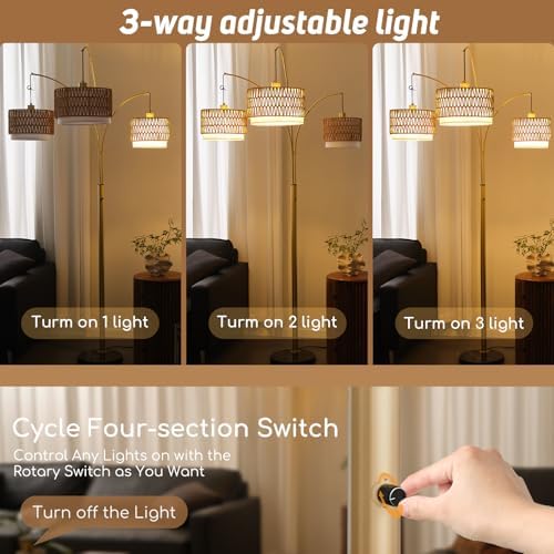 3-Light Arc Gold Rattan Floor Lamp for Living Room,80'' Boho Lamp - Image 2