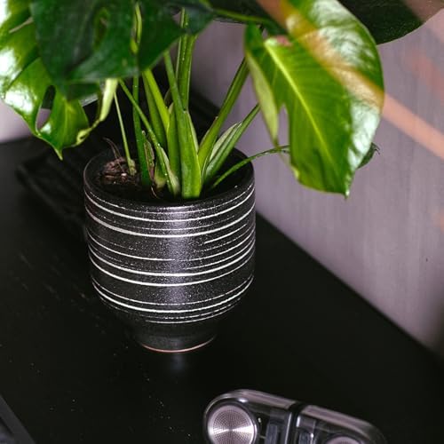 HERDUK Indoor Ceramic Planter, Black Striped Pot for Shelf, Drainage Hole - Image 2