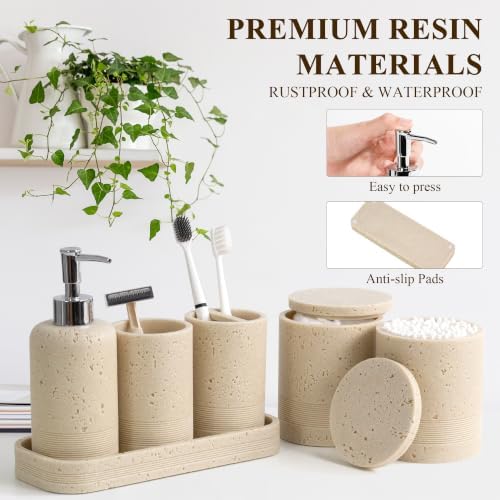 Bathroom Accessories Set, 6-Piece Bathroom Accessory Set, Toothbrush Holders Set, Soap Dispenser, Vanity Tray, Tumbler, Cotton Swab Jars, Bathroom Organizer for Modern Bathrooms,Faux Travertine - Image 5