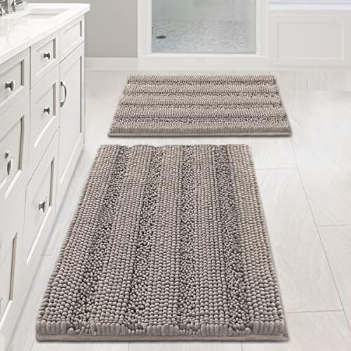 Non Slip Thick Shaggy Chenille Bathroom Rug Mat Set Extra Soft and Absorbent Striped Floor Rugs, 2 Piece, Machine-Washable by HVERSAILTEX