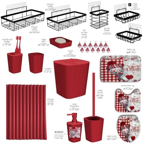 Clara Clark Bathroom Set - Christmas Bathroom Accessories Set, 27PC Bathroom Accessory Set, Christmas Bathroom Sets with Bathroom Rugs, Adhesive Corner Shower Caddy Hanging, Toilet Brush & Trash Can - Image 4