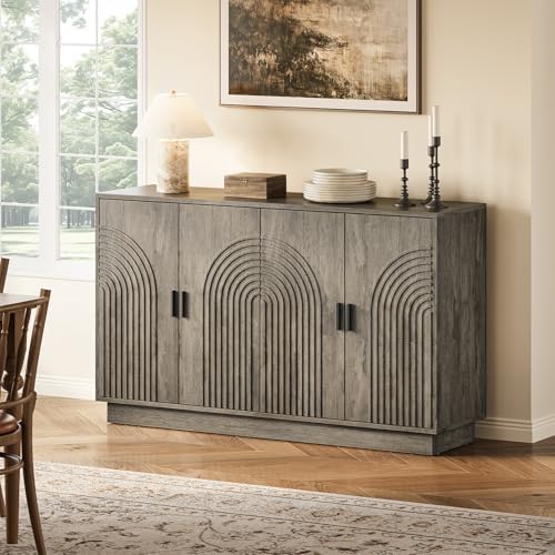 Fluted Sideboard Buffet Cabinet with Storage - 57" Credenza Coffee Bar Cabinet with 4 Doors, Accent Kitchen Storage Cabinets with Adjustable Shelves for Living & Kitchen, Entryway, Modern - Image 4