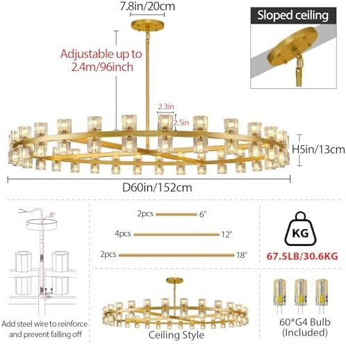 Modern 60 inch Gold Round Chandelier, Extra Large Chandeliers Crystal Chandeliers for Living Room, Large Wagon Wheel Chandelier for Foyer, Staircase, Entrance,Includes Bulb - Image 3