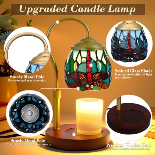 Candle Warmer Lamp Tiffany Style Dragonfly, with Timer Dimmer Adjustable Height, Stained Glass Candle Warmer Lamp with 2 Bulbs, Vintage Home Decor Gift, Wax Melt Warmer for Scented Jar Candles - Image 4