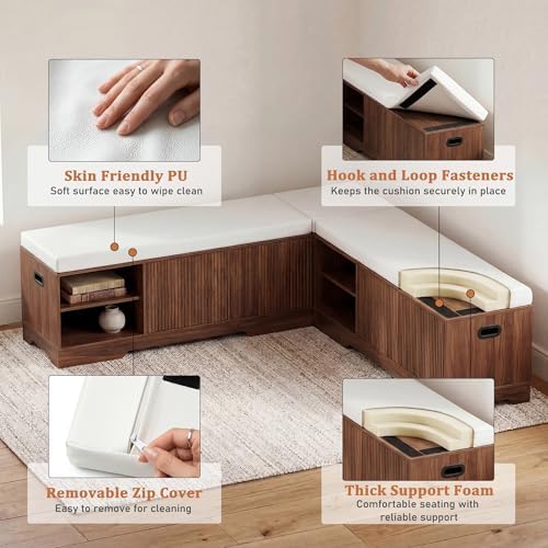 Extendable 6-Piece Breakfast Nook Set with Storage Benches & Stools, Corner Dining Table Set with Wine Glass Holder, Space-Saving Kitchen Table for Indoor/Outdoor Use (Walnut+White Cushion) - Image 4