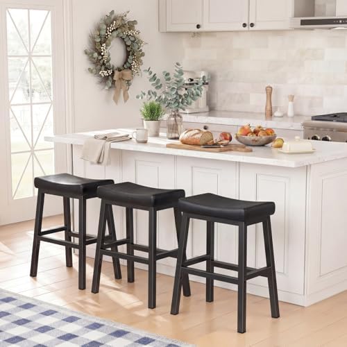 WINAZ 24 Inch Bar Stools for Kitchen Island, Kitchen Chairs Counter Height Stools with Footrest, Black Saddle Leather Barstools Heavy Duty for Dining Table Farmhouse Outdoor, 1 PC - Image 2