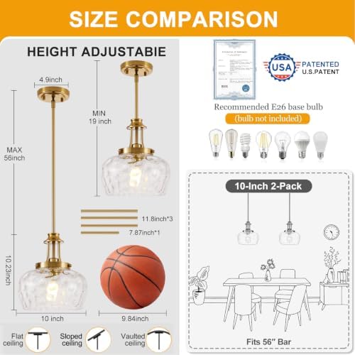 Modern Pendant Lights Kitchen Island, Brushed Gold Pendant Light Fixtures with 10" Clear Hammered Glass Shade, Industrial Hanging Pendant Lights Fixture for Kitchen Island Dining Room Bedroom Entryway - Image 5