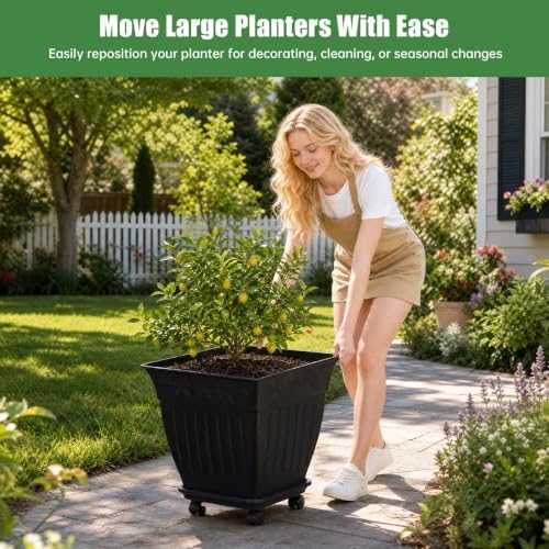 4-Pack 18 Inch Large Outdoor Planters with Saucers & Lockable Wheels, Black - Image 2