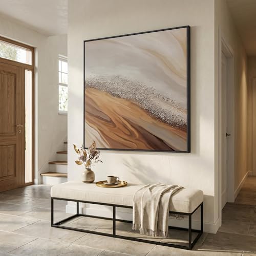 Extra Large Framed Beige Abstract Canvas Wall Art for Living Room, 40x40 In - Image 4