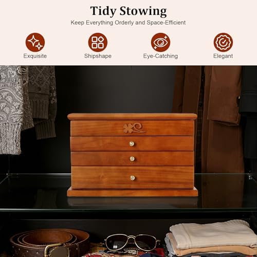Large Wooden Jewelry Box with Mirror, 4 Layers Jewelry Organizer with 3 Drawers, Watches Necklace Ring Storage Box for Women - Image 6