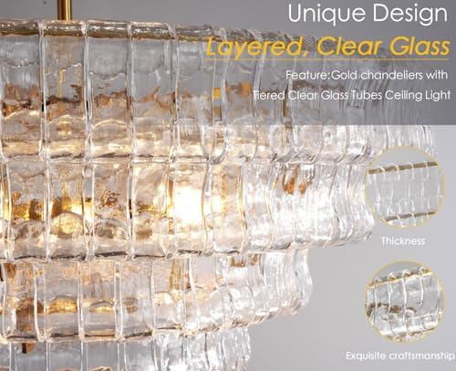 Modern 36-Inch Round Gold Chandelier, Clear Glass Drum Pendant Light for Dining Room, Large Ceiling Fixture for Living Room & Bedroom - Image 4