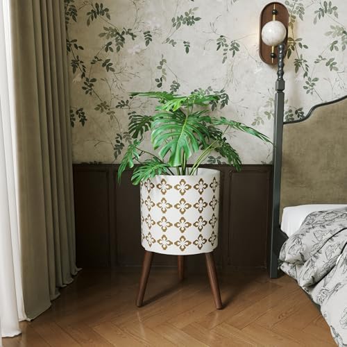 12 Inch Planter Pot with Stand, Planter for Indoor Plants, Modern Large Flower Planter Pot with Drainage Holes for Outdoor, White Gold Floral - Image 3