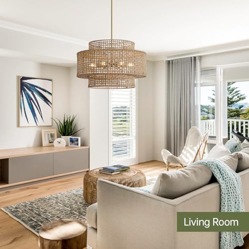 24" Rattan Chandelier for Dining Room, Large Boho Pendant Light - Image 6