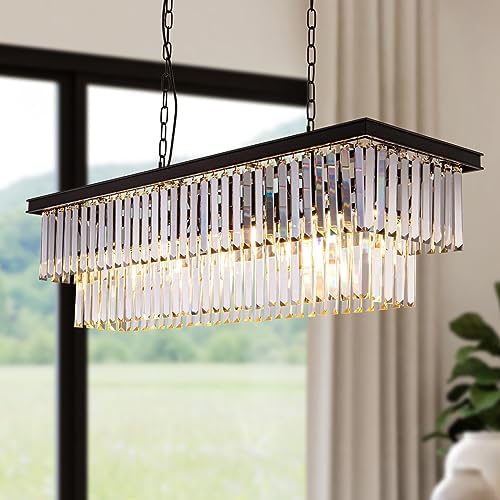 Wellmet Black Crystal Chandelier 40 inch for Dining Room, 11-Light Modern Linear Chandelier Ceiling Hanging, Farmhouse Chandeliers Light Fixture for Living Room, Dining Table, Bedroom, Kitchen Island by Wellmet