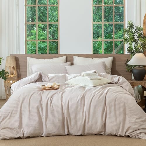 MooMee Striped Duvet Cover Set 100% Washed Cotton Linen Like Twin by MOOMEE